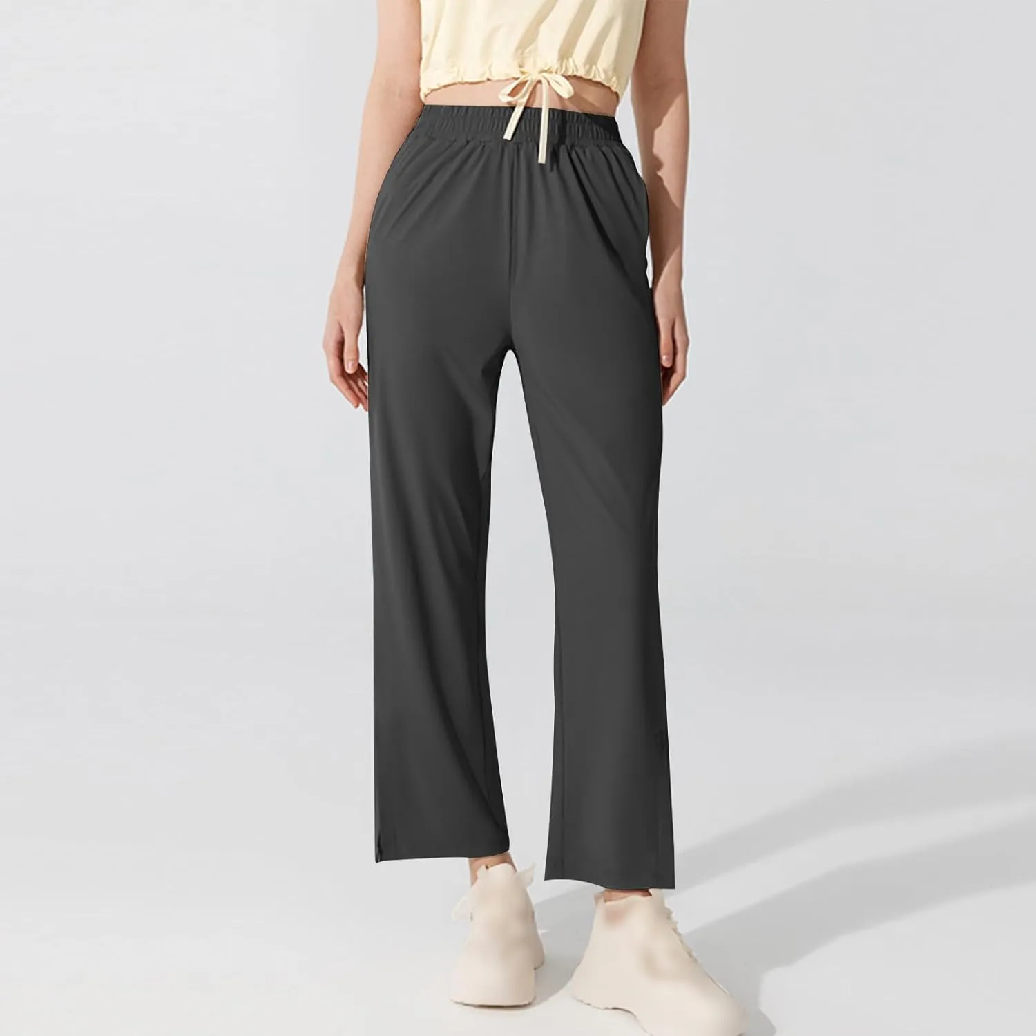 Womens Summer Athletic Pants Straight Leg Stretch Waisted Trousers with Pockets Breathable Loose Comfy Fitness Pant
