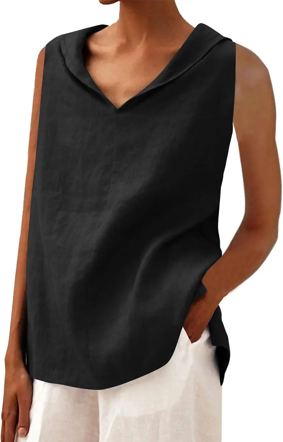 Women's Summer Sleeveless Linen Shirt Loose V Neck Collared Pullover Blouse Casual Shirts Basic Beach Tank Tops