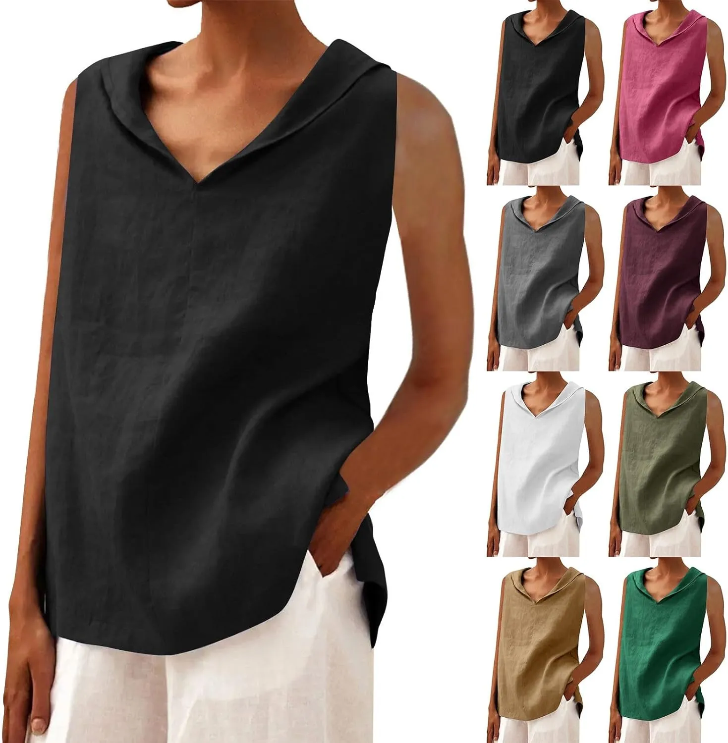 Women's Summer Sleeveless Linen Shirt Loose V Neck Collared Pullover Blouse Casual Shirts Basic Beach Tank Tops