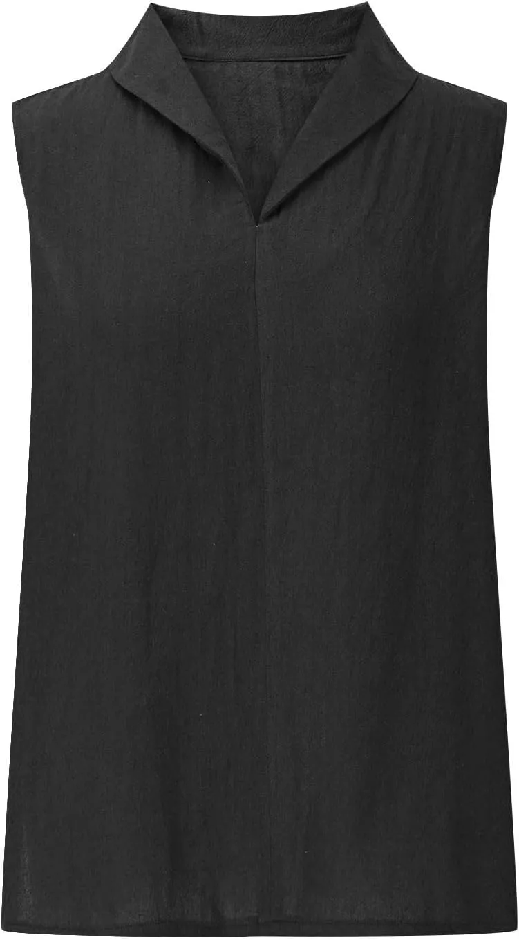 Women's Summer Sleeveless Linen Shirt Loose V Neck Collared Pullover Blouse Casual Shirts Basic Beach Tank Tops