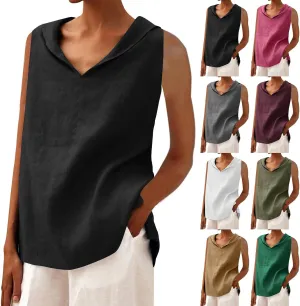 Women's Summer Sleeveless Linen Shirt Loose V Neck Collared Pullover Blouse Casual Shirts Basic Beach Tank Tops