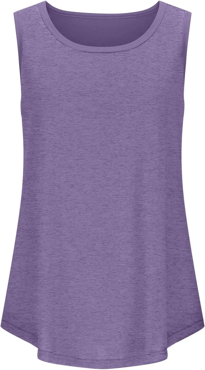 Womens Summer Tank Top Loose Fit Sleeveless Shirts Scoop Neck Ribbed Trim Tunic Blouse with Curved Hem