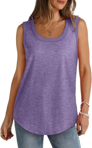 Womens Summer Tank Top Loose Fit Sleeveless Shirts Scoop Neck Ribbed Trim Tunic Blouse with Curved Hem