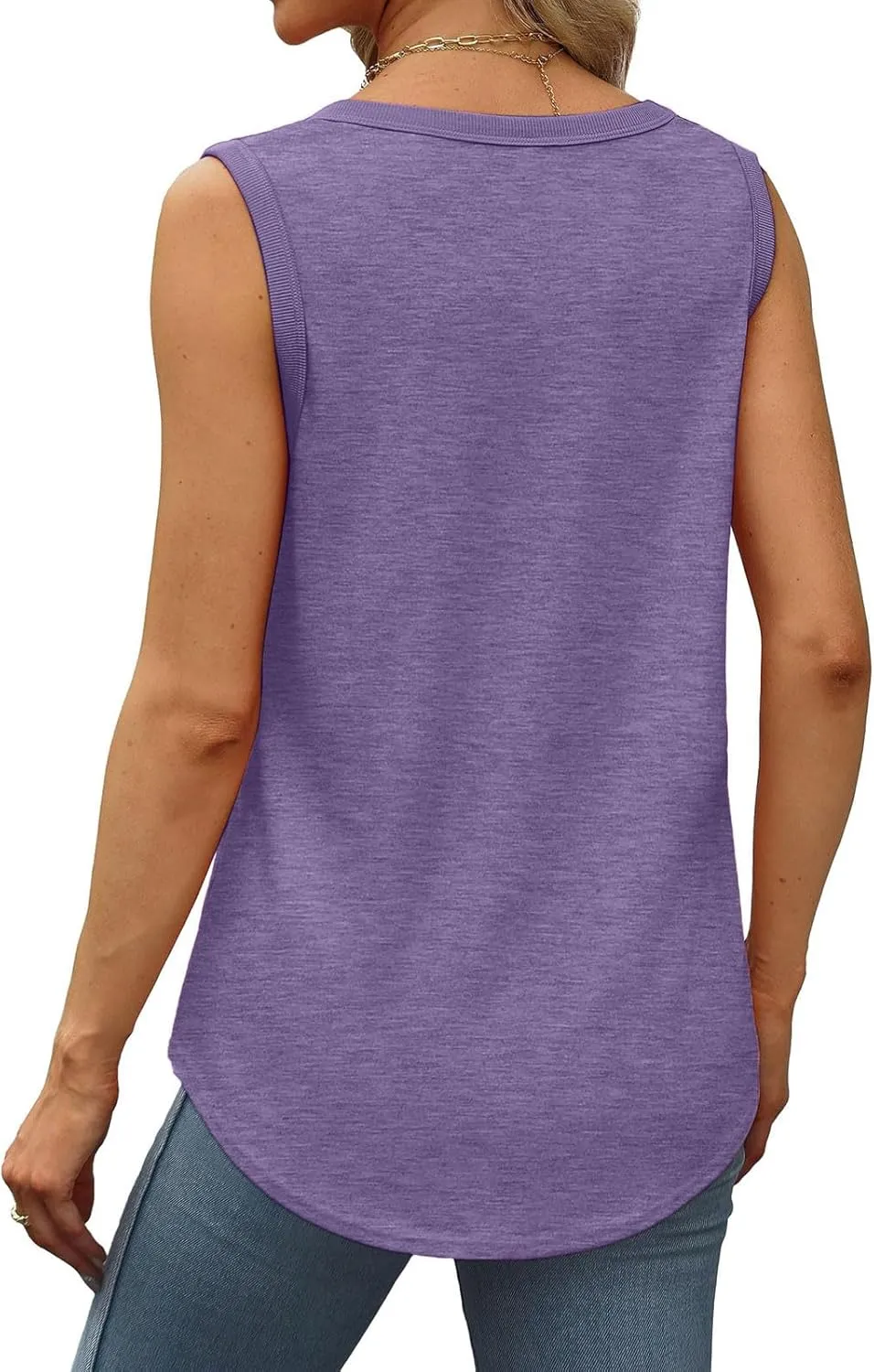 Womens Summer Tank Top Loose Fit Sleeveless Shirts Scoop Neck Ribbed Trim Tunic Blouse with Curved Hem