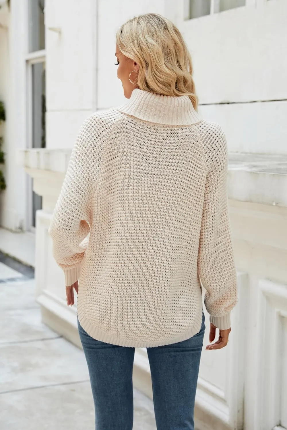 Women's Sweaters Fall Ribbed Knit Turtleneck Sweater Loose Casual Long Sleeve Split Soft Pullover Top