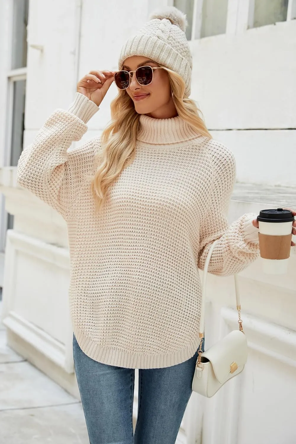 Women's Sweaters Fall Ribbed Knit Turtleneck Sweater Loose Casual Long Sleeve Split Soft Pullover Top