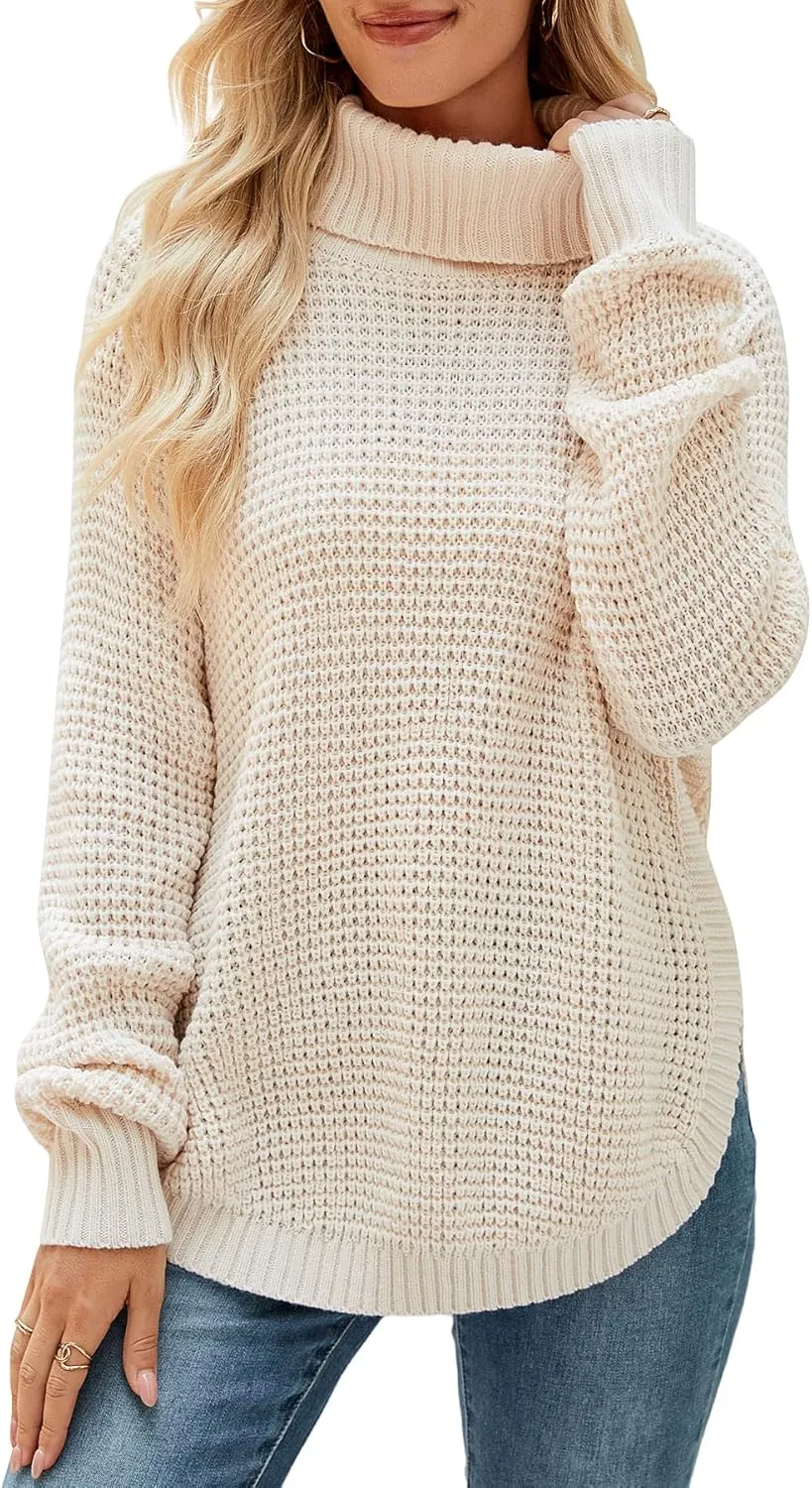 Women's Sweaters Fall Ribbed Knit Turtleneck Sweater Loose Casual Long Sleeve Split Soft Pullover Top