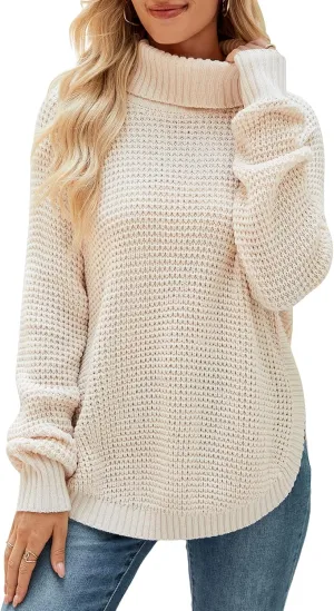 Women's Sweaters Fall Ribbed Knit Turtleneck Sweater Loose Casual Long Sleeve Split Soft Pullover Top