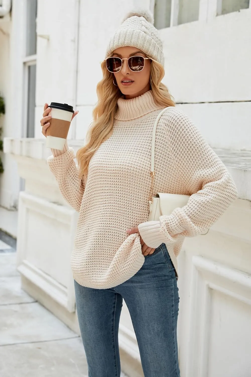 Women's Sweaters Fall Ribbed Knit Turtleneck Sweater Loose Casual Long Sleeve Split Soft Pullover Top