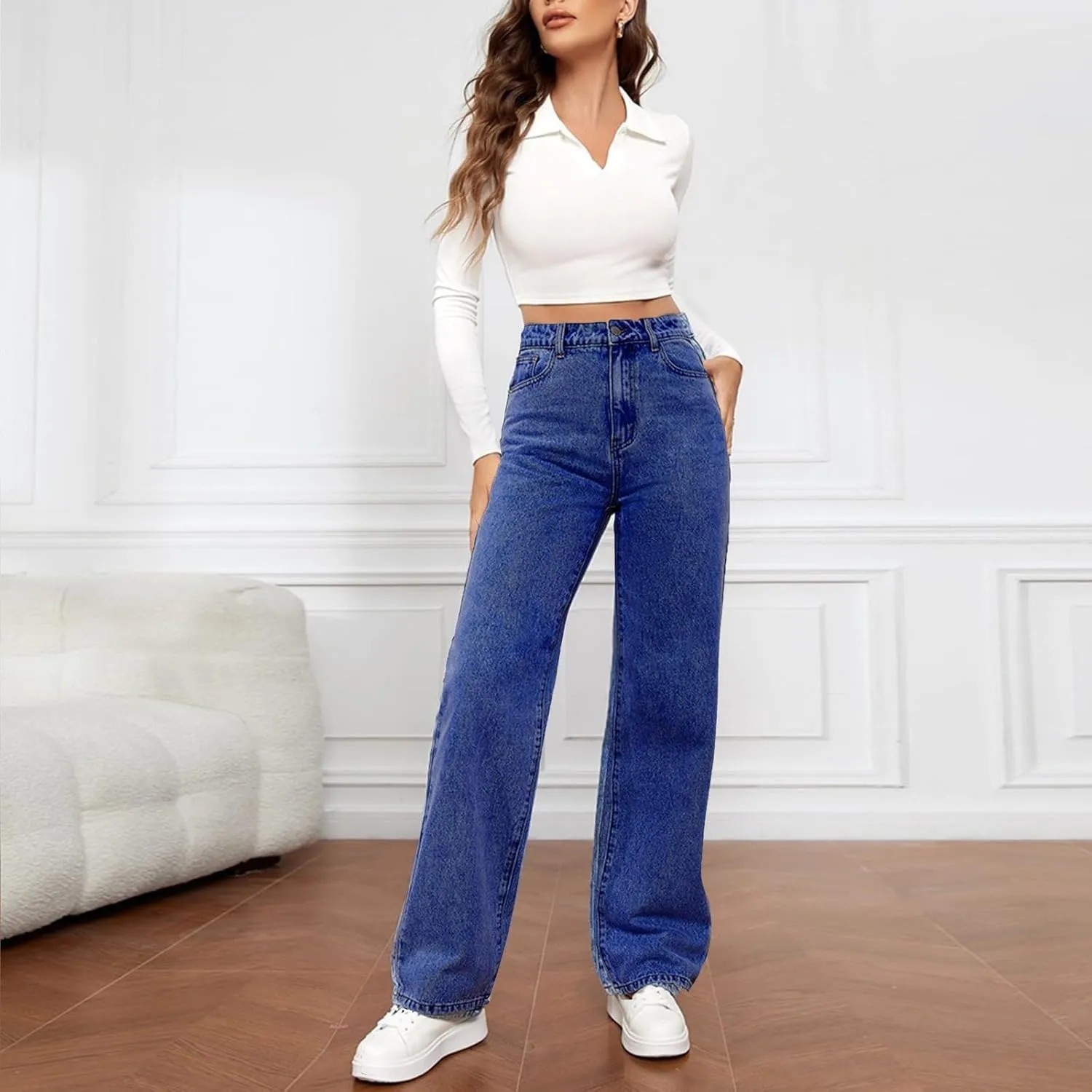 Womens Sweatpants Jeans High Waited Baggy Wide Leg Stretchy Jeans Boyfriend Y2K Loose Fit Denim Pants with Pocket