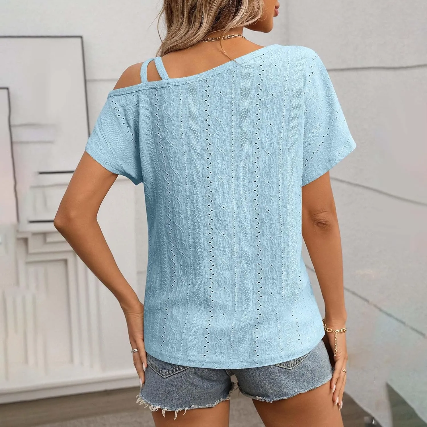 Women's Tops One Shoulder Summer Short Sleeve T-Shirt Eyelet Spaghetti Strap Asymmetric Neck Casual Tops Sexy Tees