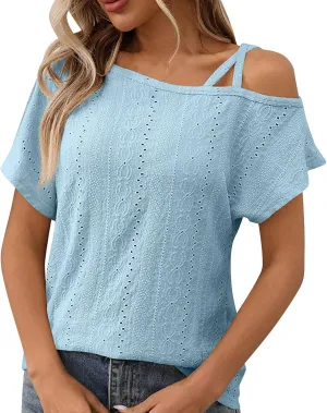 Women's Tops One Shoulder Summer Short Sleeve T-Shirt Eyelet Spaghetti Strap Asymmetric Neck Casual Tops Sexy Tees