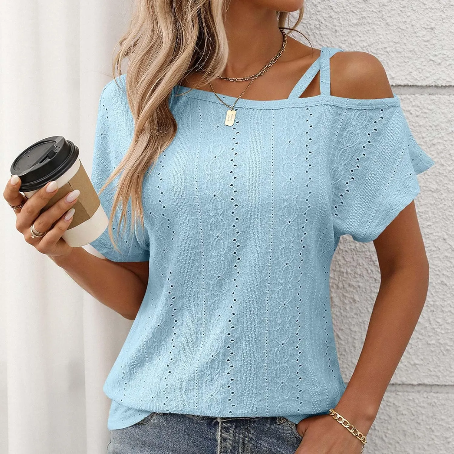 Women's Tops One Shoulder Summer Short Sleeve T-Shirt Eyelet Spaghetti Strap Asymmetric Neck Casual Tops Sexy Tees