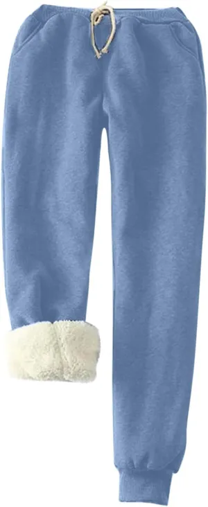 Women's Warm Sherpa Lined Athletic Sweatpants Drawstring Solid Color Jogger Pants Fleece Winter Lounge Trousers