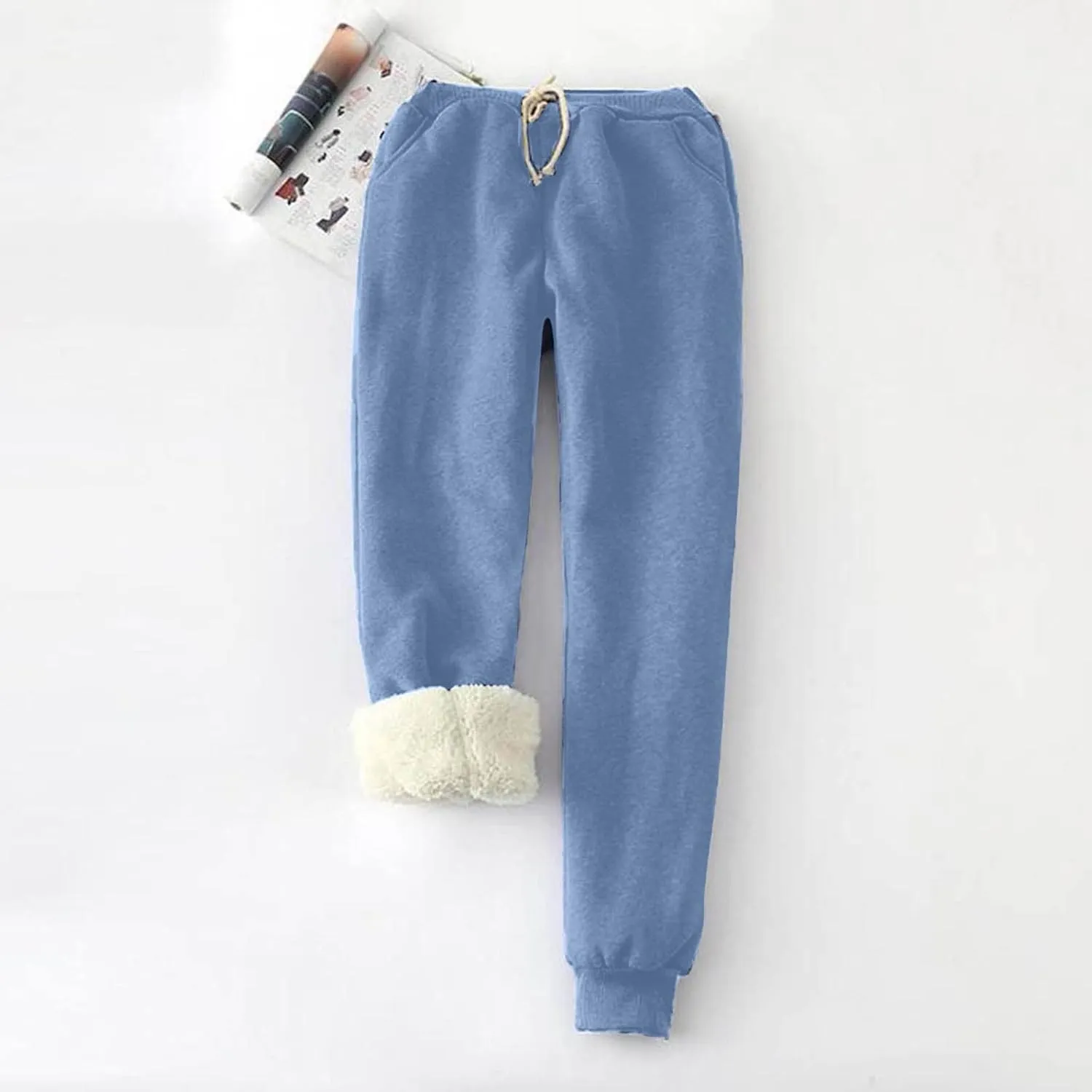 Women's Warm Sherpa Lined Athletic Sweatpants Drawstring Solid Color Jogger Pants Fleece Winter Lounge Trousers