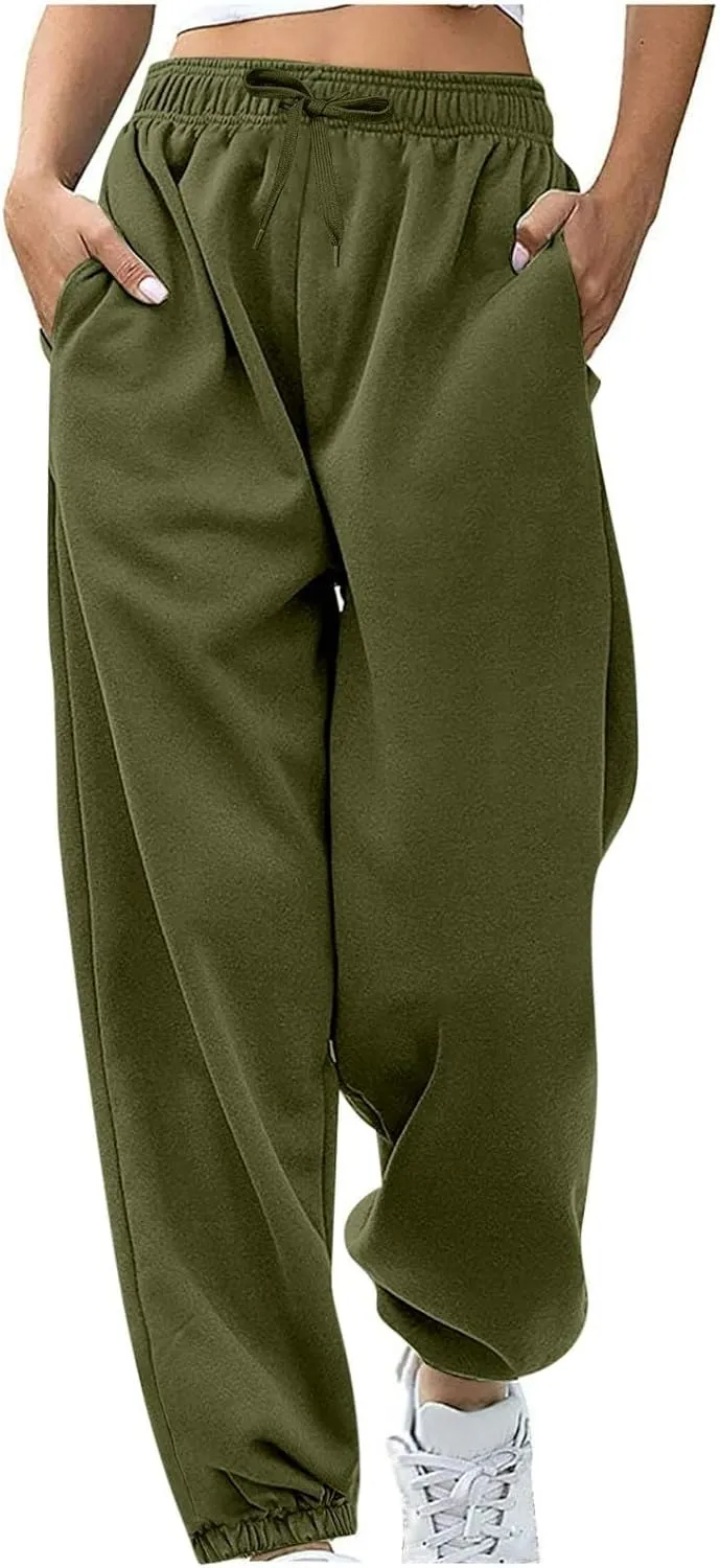 Women's Warm Sherpa Lined Athletic Sweatpants Jogger Fleece Pants Baggy Solid Sweatpants