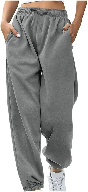 Women's Warm Sherpa Lined Athletic Sweatpants Jogger Fleece Pants Baggy Solid Sweatpants