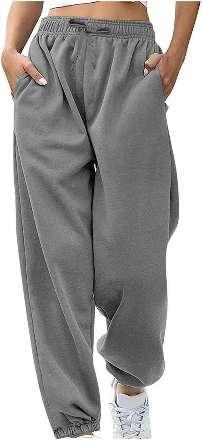 Women's Warm Sherpa Lined Athletic Sweatpants Jogger Fleece Pants Baggy Solid Sweatpants