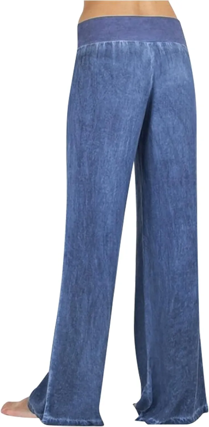 Womens Wide Leg Faux Denim Jeans Stretchy Pull On Baggy High Waisted Trendy Jeans Straight Casual Pants