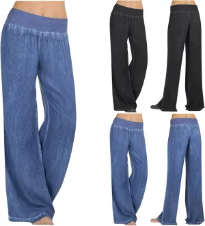 Womens Wide Leg Faux Denim Jeans Stretchy Pull On Baggy High Waisted Trendy Jeans Straight Casual Pants