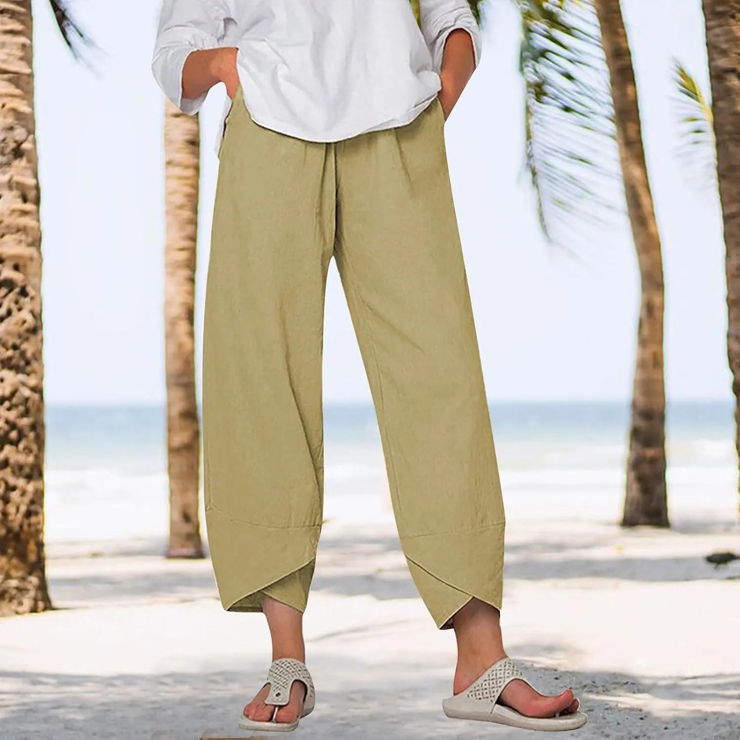 Womens Wide Leg Pants Casual Loose Elastic Waist Solid Color Comfy Palazzo Loungewear Baggy Sweatpants with Pockets