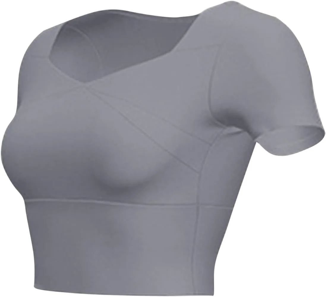 Womens Workout Tops with Built in Bra Summer Crop Short Sleeve Padded Yoga Shirts Quick Drying Fit Running Tshirts