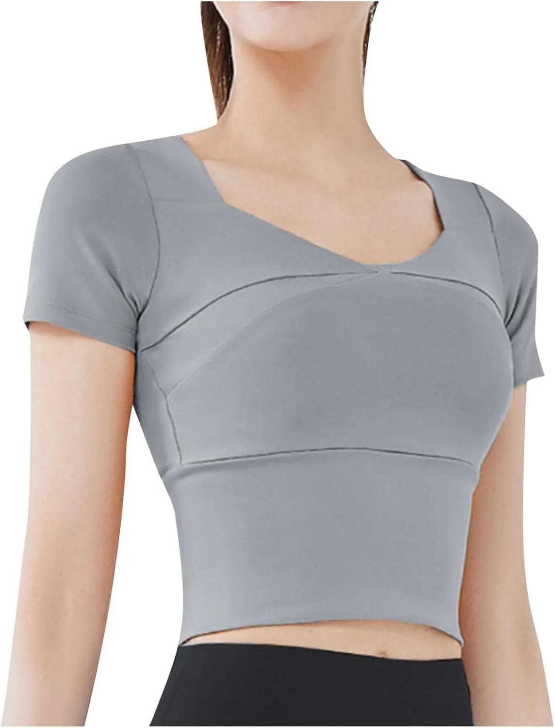 Womens Workout Tops with Built in Bra Summer Crop Short Sleeve Padded Yoga Shirts Quick Drying Fit Running Tshirts