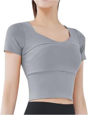 Womens Workout Tops with Built in Bra Summer Crop Short Sleeve Padded Yoga Shirts Quick Drying Fit Running Tshirts
