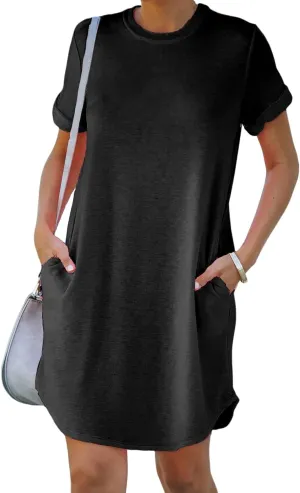 YEXIPO Women's Casual Summer Short Sleeve T Shirt Dress Nightgown Crew Neck Loose Solid Color Basic Dresses with Pockets