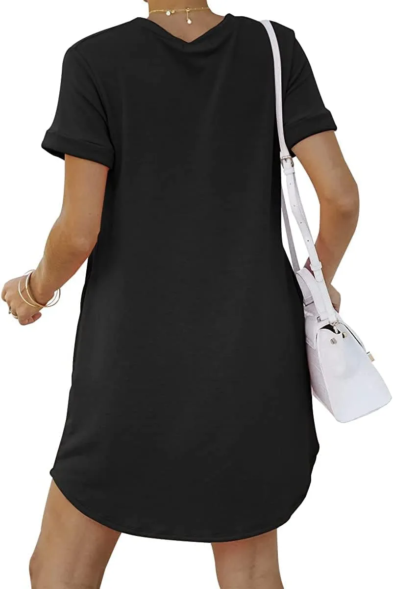 YEXIPO Women's Casual Summer Short Sleeve T Shirt Dress Nightgown Crew Neck Loose Solid Color Basic Dresses with Pockets