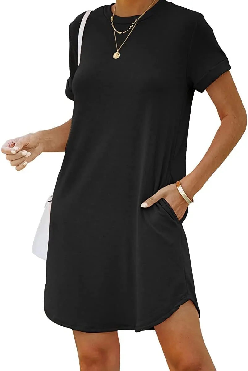 YEXIPO Women's Casual Summer Short Sleeve T Shirt Dress Nightgown Crew Neck Loose Solid Color Basic Dresses with Pockets