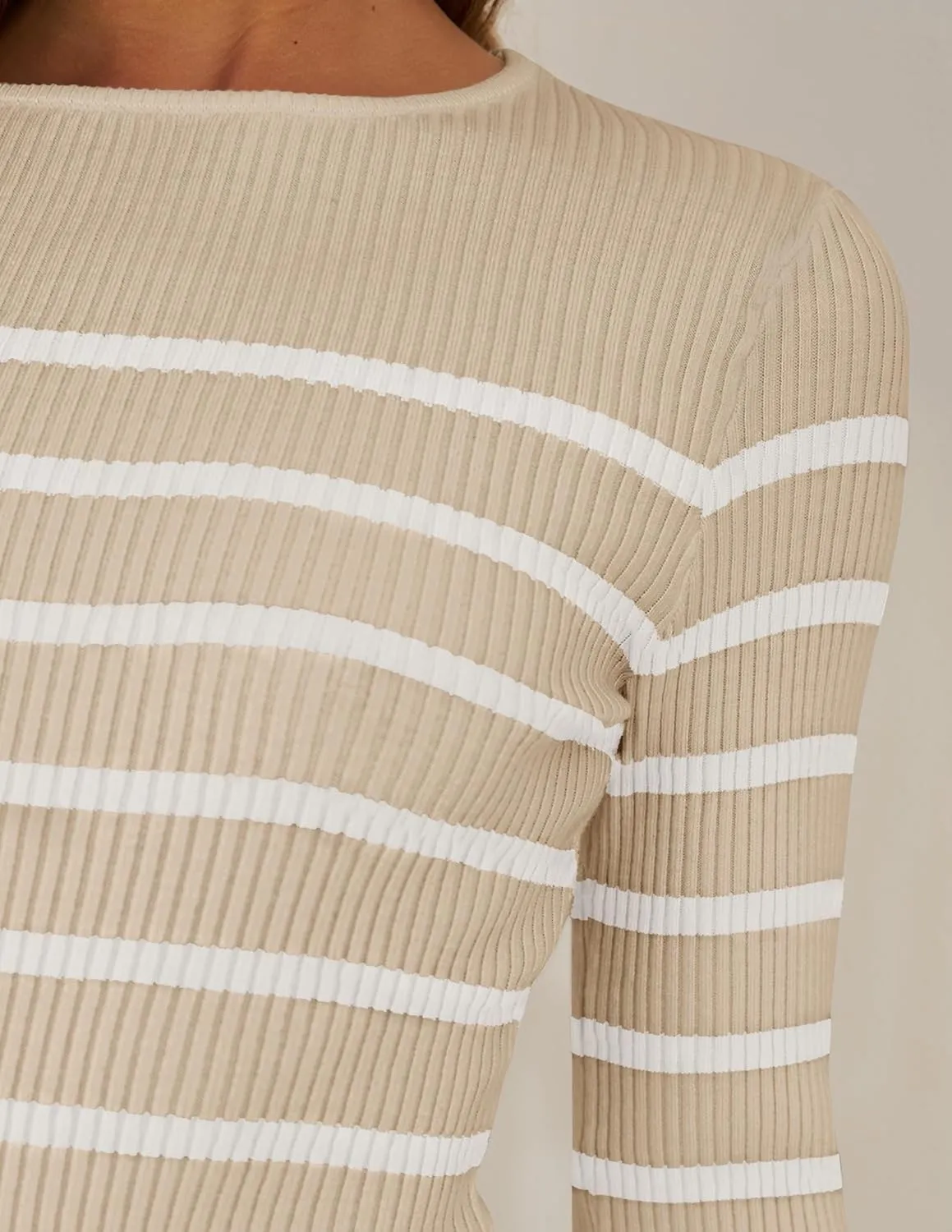 ZESICA Women's Long Sleeve Crewneck Striped Shirts Spring Ribbed Knit Sweater Slim Fitted Casual Basic Tee Tops