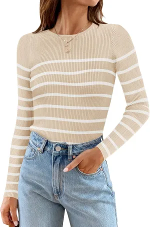 ZESICA Women's Long Sleeve Crewneck Striped Shirts Spring Ribbed Knit Sweater Slim Fitted Casual Basic Tee Tops