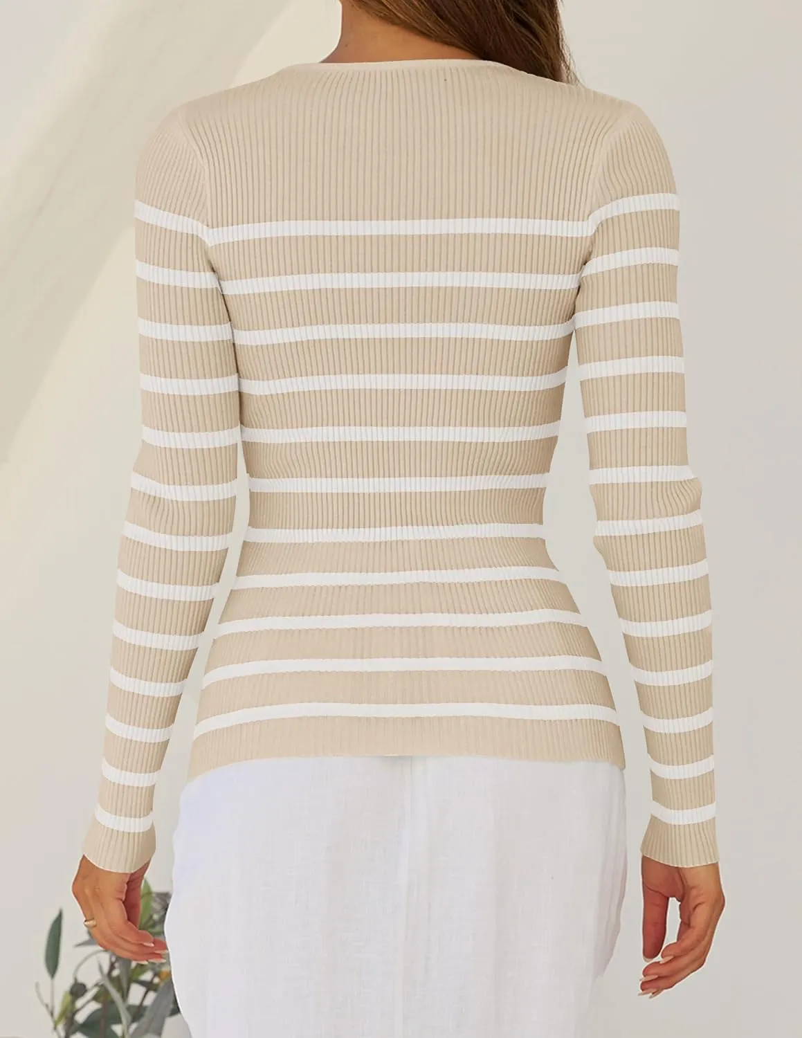 ZESICA Women's Long Sleeve Crewneck Striped Shirts Spring Ribbed Knit Sweater Slim Fitted Casual Basic Tee Tops