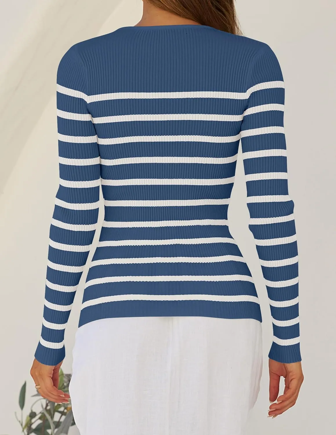 ZESICA Women's Long Sleeve Crewneck Striped Shirts Spring Ribbed Knit Sweater Slim Fitted Casual Basic Tee Tops